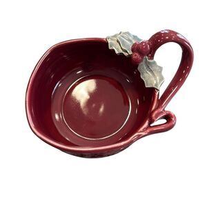 Handmade Chantal Pottery Christmas Mug Bowl – Red Stoneware with Holly Handle